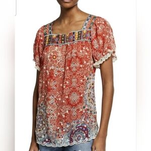 Johnny Was Pansy Blouse SZ S Short Puff Sleeve Loose Fit Colorful Square Neck